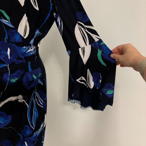 Lauren Ralph Lauren size 10 Blue Abstract Floral Bell Sleeve Faux Wrap Dress - Picture 4 of 14